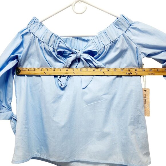 Light Blue Womens Off-Shoulder Blouse With Bow Tie Details & 3/4 Sleeves Size M - Picture 13 of 15
